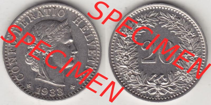 Münzen Schweiz 1881-1938, 20 Rappen Münzzeichen / Mzz. B 1933 I., Münzen Vollansicht Horizontal als Bildmaterial im online Katalog und online Datenbank für... Sammlung