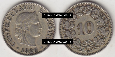 Münzen Schweiz 1919-1931, 10 Rappen B 1926, Münzen Vollansicht Horizontal als Bildmaterial im online Katalog und online Datenbank... Sammlung