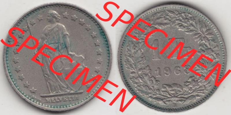 Münzen Schweiz 1968-1982, 1 Franken mit Münzzeichen / Mzz. B 1968 IV., Münzen Vollansicht Horizontal als Bildmaterial im online Katalog und online Datenbank... Sammlung