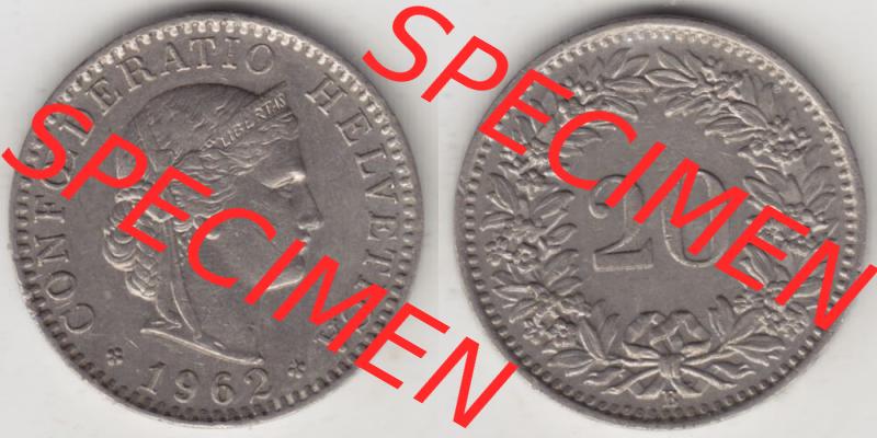Münzen Schweiz 1939-2018, 20 Rappen Münzzeichen / Mzz. B 1962 I., Münzen Vollansicht Horizontal als Bildmaterial im online Katalog und online Datenbank für... Sammlung