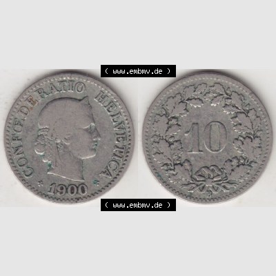 Münzen Schweiz 1879-1915, 10 Rappen B 1900, Münzen Vollansicht Horizontal als Bildmaterial im online Katalog und online Datenbank für Sammler von Schweizer Münzen. Sammlung