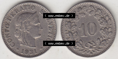Münzen Schweiz 1919-1931, 10 Rappen B 1931, Münzen Vollansicht Horizontal als Bildmaterial im online Katalog und online Datenbank... Sammlung