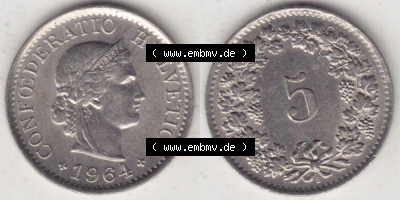 Münzen Schweiz 1940-1980, 5 Rappen Mzz. B 1964 I., Münzen Vollansicht Horizontal als Bildmaterial im online Katalog und online... Sammlung