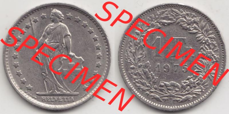 Münzen Schweiz 1968-1982, 1 Franken mit Münzzeichen / Mzz. B 1975, Münzen Vollansicht Horizontal als Bildmaterial im online Katalog und online Datenbank für Sammler... Sammlung