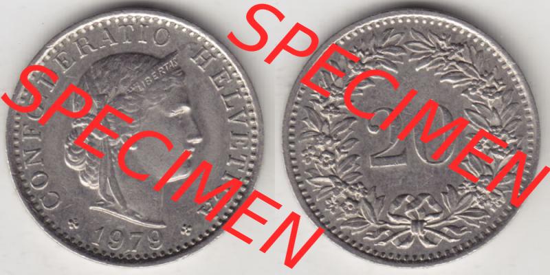 Münzen Schweiz 1939-2018, 20 Rappen Münzzeichen / Mzz. B 1979, Münzen Vollansicht Horizontal als Bildmaterial im online Katalog und online Datenbank für Sammler... Sammlung