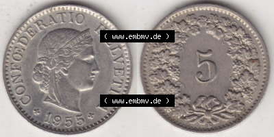 Münzen Schweiz 1940-1980, 5 Rappen Mzz. B 1955 II., Münzen Vollansicht Horizontal als Bildmaterial im online Katalog und online... Sammlung