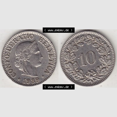 Münzen Schweiz 1932-1939, 10 Rappen B 1939, Münzen Vollansicht Horizontal als Bildmaterial im online Katalog und online Datenbank für Sammler von Schweizer Münzen. Sammlung