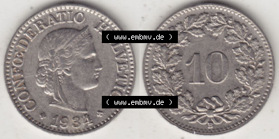 Münzen Schweiz 1932-1939, 10 Rappen B 1934 I., Bild mit Vollansicht Sammlung