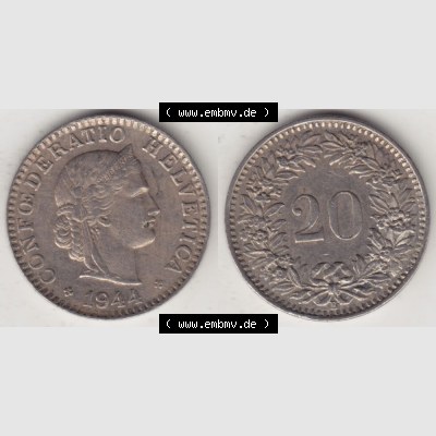 Münzen Schweiz 1939-Heute, 20 Rappen Münzzeichen / Mzz. B 1944 I., Münzen Vollansicht Horizontal als Bildmaterial im online Katalog und online Datenbank für... Sammlung