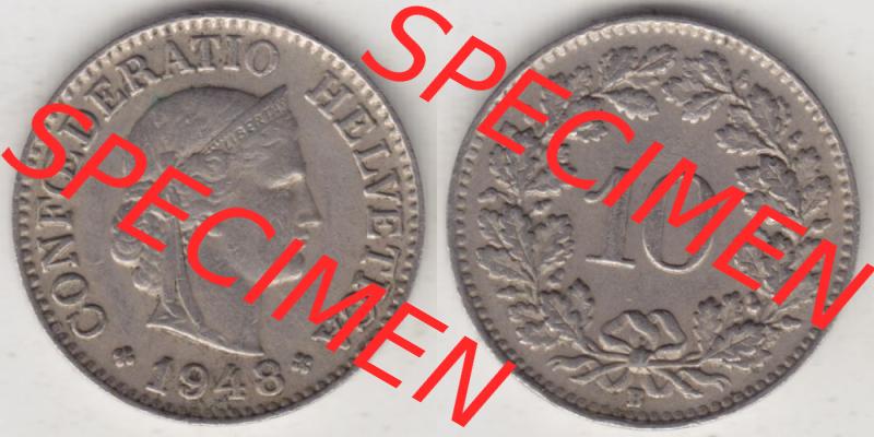 Münzen Schweiz 1940-Heute, 10 Rappen B 1948, Münzen Vollansicht Horizontal als Bildmaterial im online Katalog und online Datenbank für Sammler von Schweizer Münzen. Sammlung