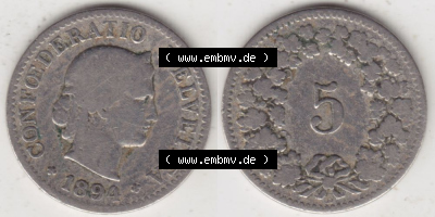 Münzen Schweiz 1879-1917, 5 Rappen Mzz. B 1894, Münzen Vollansicht Horizontal als Bildmaterial im online Katalog und online... Sammlung