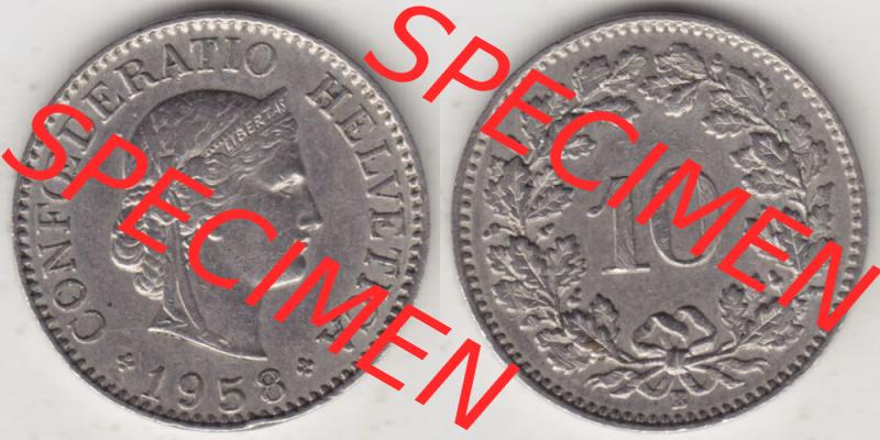 Münzen Schweiz 1940-Heute, 10 Rappen B 1958, Münzen Vollansicht Horizontal als Bildmaterial im online Katalog und online Datenbank für Sammler von Schweizer Münzen. Sammlung