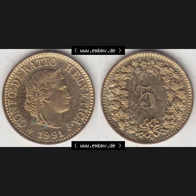 Münzen Schweiz 1979-Heute, 5 Rappen Mzz. B 1991, Münzen Vollansicht Horizontal als Bildmaterial im online Katalog und online Datenbank für Sammler von Schweizer Münzen. Sammlung