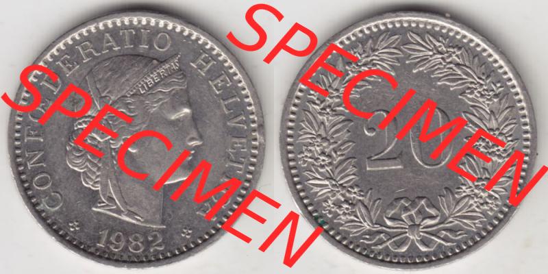 Münzen Schweiz 1939-2018, 20 Rappen Münzzeichen / Mzz. B 1982, Münzen Vollansicht Horizontal als Bildmaterial im online Katalog und online Datenbank für Sammler... Sammlung