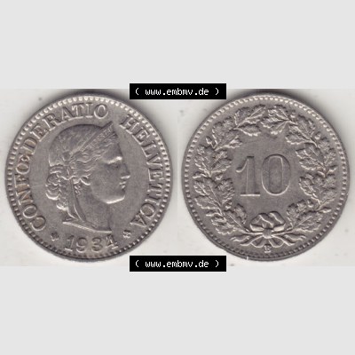 Münzen Schweiz 1932-1939, 10 Rappen B 1934 I., Bild mit Vollansicht Sammlung