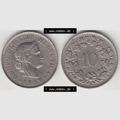 Münzen Schweiz 1940-Heute, 10 Rappen B 1959, Münzen Vollansicht Horizontal als Bildmaterial im online Katalog und online Datenbank für Sammler von Schweizer Münzen. Sammlung