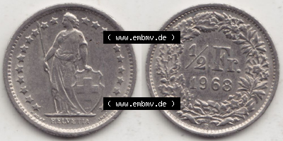 Münzen Schweiz 1968-1982, 1/2 Franken mit Münzzeichen / Mzz. B 1968 I, Münzen Vollansicht Horizontal als Bildmaterial Sammlung