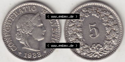 Münzen Schweiz 1932-1941, 5 Rappen Mzz. B 1933, Münzen Vollansicht Horizontal als Bildmaterial im online Katalog und online... Sammlung