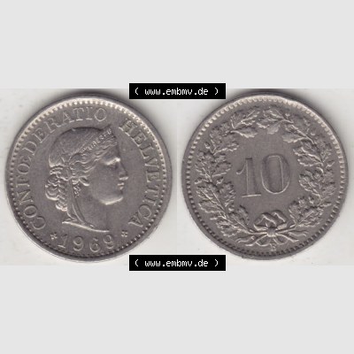 Münzen Schweiz 1940-Heute, 10 Rappen B 1969, Münzen Vollansicht Horizontal als Bildmaterial im online Katalog und online Datenbank für Sammler von Schweizer Münzen. Sammlung