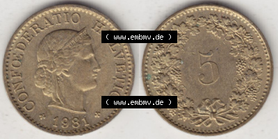 Münzen Schweiz 1979-Heute, 5 Rappen Mzz. B 1981 I., Münzen Vollansicht Horizontal als Bildmaterial im online Katalog und online... Sammlung