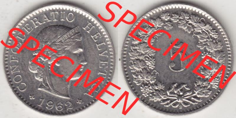 Münzen Schweiz 1940-1980, 5 Rappen Mzz. B 1962, Münzen Vollansicht Horizontal als Bildmaterial im online Katalog und online Datenbank für Sammler von Schweizer Münzen. Sammlung