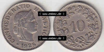 Münzen Schweiz 1919-1931, 10 Rappen B 1925 I., Münzen Vollansicht Horizontal als Bildmaterial im online Katalog und online Datenbank... Sammlung