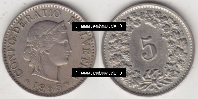 Münzen Schweiz 1940-1980, 5 Rappen Mzz. B 1955 I., Münzen Vollansicht Horizontal als Bildmaterial im online Katalog und online... Sammlung