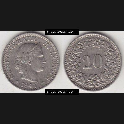 Münzen Schweiz 1939-2018, 20 Rappen Münzzeichen / Mzz. B 1947, Münzen Vollansicht Horizontal als Bildmaterial im online Katalog und online Datenbank für Sammler... Sammlung