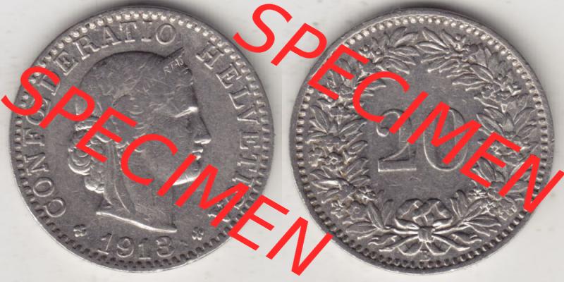 Münzen Schweiz 1881-1938, 20 Rappen Münzzeichen / Mzz. B 1913, Münzen Vollansicht Horizontal als Bildmaterial im online Katalog und online Datenbank für Sammler... Sammlung