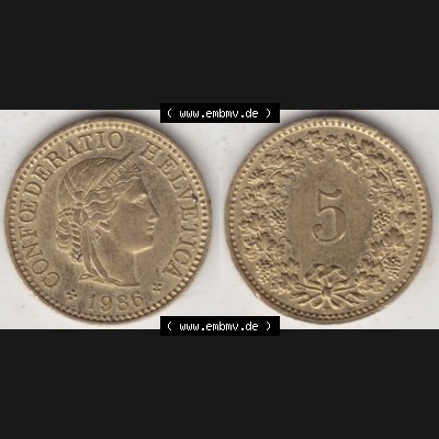 Münzen Schweiz 1979-Heute, 5 Rappen Mzz. B 1986 I., Münzen Vollansicht Horizontal als Bildmaterial im online Katalog und online Datenbank für Sammler von Schweizer... Sammlung
