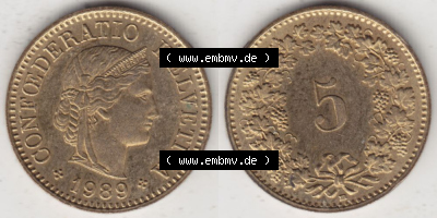 Münzen Schweiz 1979-Heute, 5 Rappen Mzz. B 1989, Münzen Vollansicht Horizontal als Bildmaterial im online Katalog und online... Sammlung