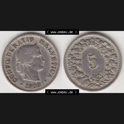 Münzen Schweiz 1879-1917, 5 Rappen Mzz. B 1909, Münzen Vollansicht Horizontal als Bildmaterial im online Katalog und online Datenbank für Sammler von Schweizer Münzen. Sammlung