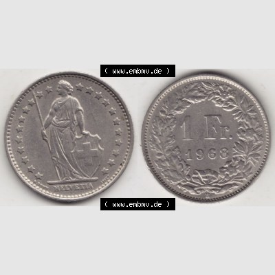 Münzen Schweiz 1968-1982, 1 Franken mit Münzzeichen / Mzz. B 1968 III., Münzen Vollansicht Horizontal als Bildmaterial im online Katalog und online Datenbank... Sammlung