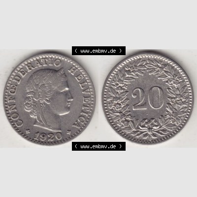 Münzen Schweiz 1881-1938, 20 Rappen Münzzeichen / Mzz. B 1920 I., Münzen Vollansicht Horizontal als Bildmaterial im online Katalog und online Datenbank für... Sammlung
