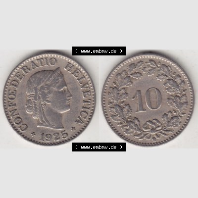 Münzen Schweiz 1919-1931, 10 Rappen B 1925 I., Münzen Vollansicht Horizontal als Bildmaterial im online Katalog und online Datenbank für Sammler von Schweizer Münzen. Sammlung