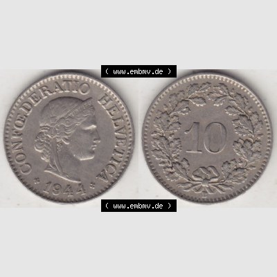 Münzen Schweiz 1940-Heute, 10 Rappen B 1944 I., Münzen Vollansicht Horizontal als Bildmaterial im online Katalog und online Datenbank für Sammler von Schweizer Münzen. Sammlung