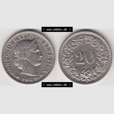 Münzen Schweiz 1881-1938, 20 Rappen Münzzeichen / Mzz. B 1929, Münzen Vollansicht Horizontal als Bildmaterial im online Katalog und online Datenbank für Sammler... Sammlung