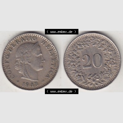 Münzen Schweiz 1939-Heute, 20 Rappen Münzzeichen / Mzz. B 1943 I., Münzen Vollansicht Horizontal als Bildmaterial im online Katalog und online Datenbank für... Sammlung