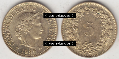 Münzen Schweiz 1979-Heute, 5 Rappen Mzz. B 1985, Münzen Vollansicht Horizontal als Bildmaterial im online Katalog und online... Sammlung