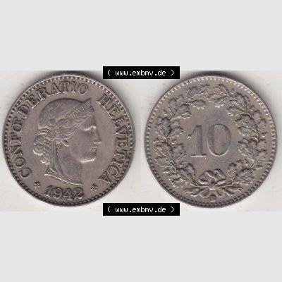 Münzen Schweiz 1940-Heute, 10 Rappen B 1942, Münzen Vollansicht Horizontal als Bildmaterial im online Katalog und online Datenbank für Sammler von Schweizer Münzen. Sammlung