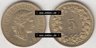 Münzen Schweiz 1979-Heute, 5 Rappen Mzz. B 1984, Münzen Vollansicht Horizontal als Bildmaterial im online Katalog und online... Sammlung