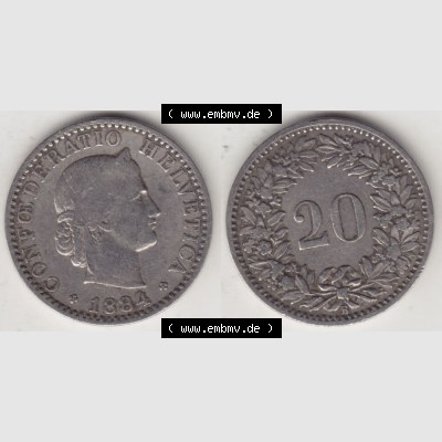Münzen Schweiz 1881-1938, 20 Rappen Münzzeichen / Mzz. B 1884, Münzen Vollansicht Horizontal als Bildmaterial im online Katalog und online Datenbank für Sammler... Sammlung