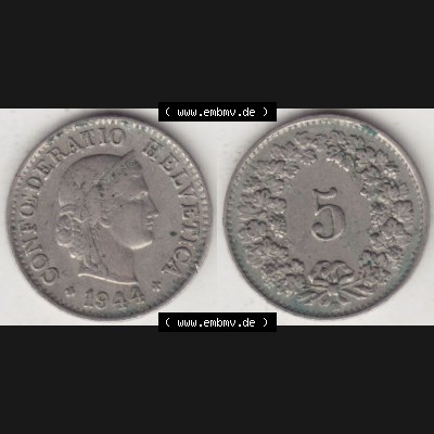 Münzen Schweiz 1940-1980, 5 Rappen Mzz. B 1944, Münzen Vollansicht Horizontal als Bildmaterial im online Katalog und online Datenbank für Sammler von Schweizer Münzen. Sammlung