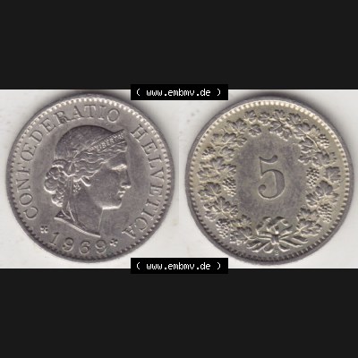 Münzen Schweiz 1940-1980, 5 Rappen Mzz. B 1969, Münzen Vollansicht Horizontal als Bildmaterial im online Katalog und online Datenbank für Sammler von Schweizer Münzen. Sammlung