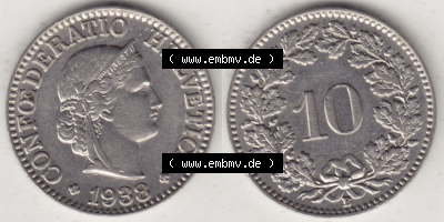 Münzen Schweiz 1932-1939, 10 Rappen B 1938 I., Münzen Vollansicht Horizontal als Bildmaterial im online Katalog und online Datenbank... Sammlung