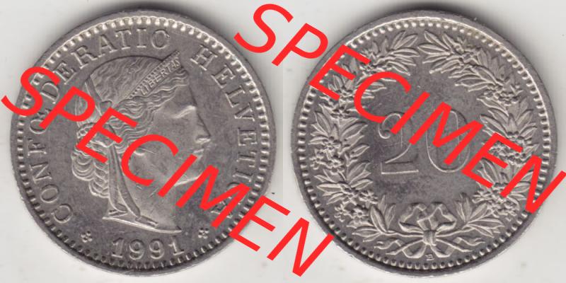 Münzen Schweiz 1939-2018, 20 Rappen Münzzeichen / Mzz. B 1991, Münzen Vollansicht Horizontal als Bildmaterial im online Katalog und online Datenbank für Sammler... Sammlung