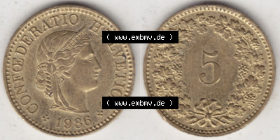 Münzen Schweiz 1979-Heute, 5 Rappen Mzz. B 1986 I., Münzen Vollansicht Horizontal als Bildmaterial im online Katalog und online... Sammlung