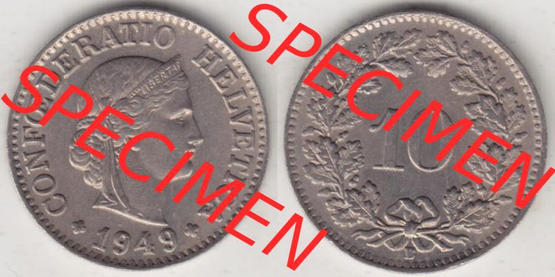 Münzen Schweiz 1940-Heute, 10 Rappen B 1949, Münzen Vollansicht Horizontal als Bildmaterial im online Katalog und online Datenbank für Sammler von Schweizer Münzen. Sammlung