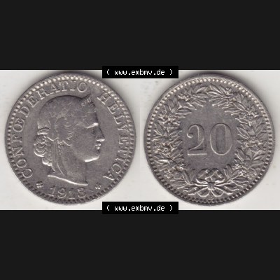 Münzen Schweiz 1881-1938, 20 Rappen Münzzeichen / Mzz. B 1913, Münzen Vollansicht Horizontal als Bildmaterial im online Katalog und online Datenbank für Sammler... Sammlung