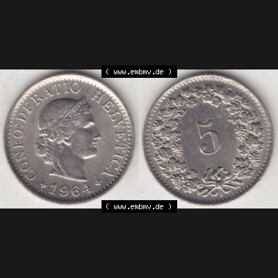 Münzen Schweiz 1940-1980, 5 Rappen Mzz. B 1964 I., Münzen Vollansicht Horizontal als Bildmaterial im online Katalog und online Datenbank für Sammler von Schweizer... Sammlung